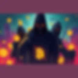 A digital illustration showing shadowy figures manipulating cryptocurrency symbols, highlighting market deception and risks for investors.