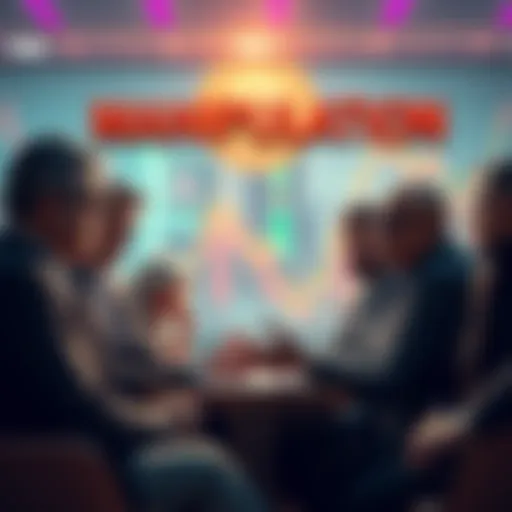 A group of wealthy investors discussing strategies to inflate cryptocurrency values while average people look on, confused.