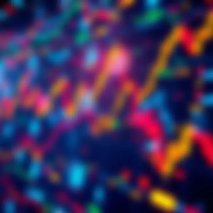 An abstract representation of the fluctuating cryptocurrency market, featuring vibrant graphs and digital currency symbols.