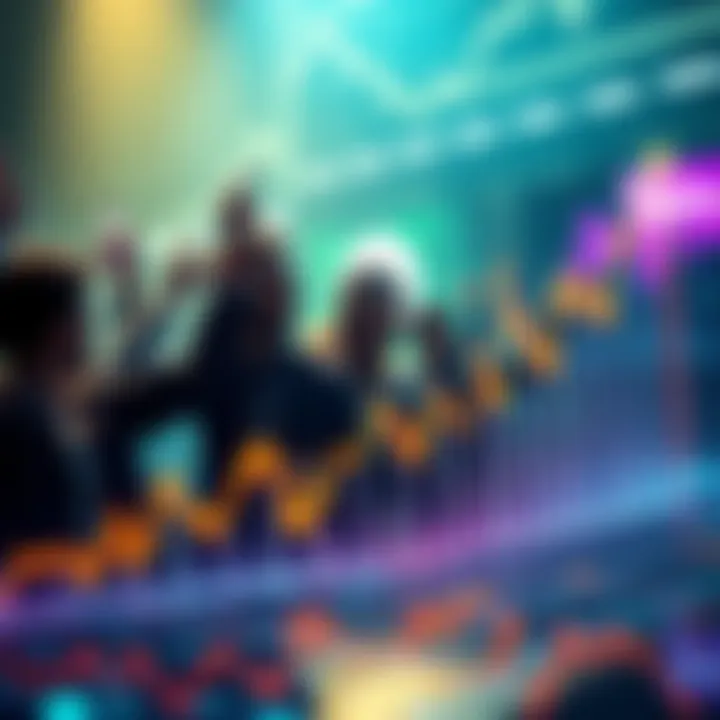Graph showing an upward trend in cryptocurrency prices with excited investors in the background.