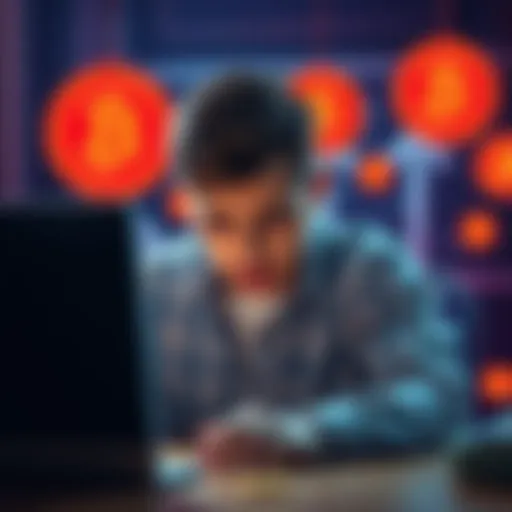 A distressed person looking at a computer with cryptocurrency symbols around, expressing concern about losing money in a scam