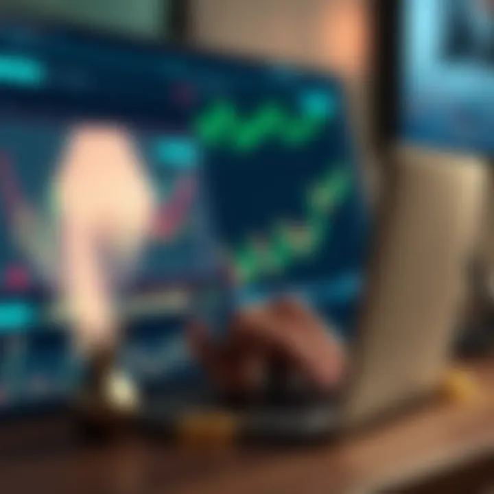 A person analyzing cryptocurrency trends and strategies on a laptop with graphs and coins in the background