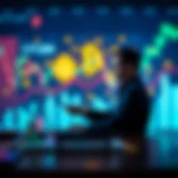A person analyzing charts on a laptop with cryptocurrency symbols in the background
