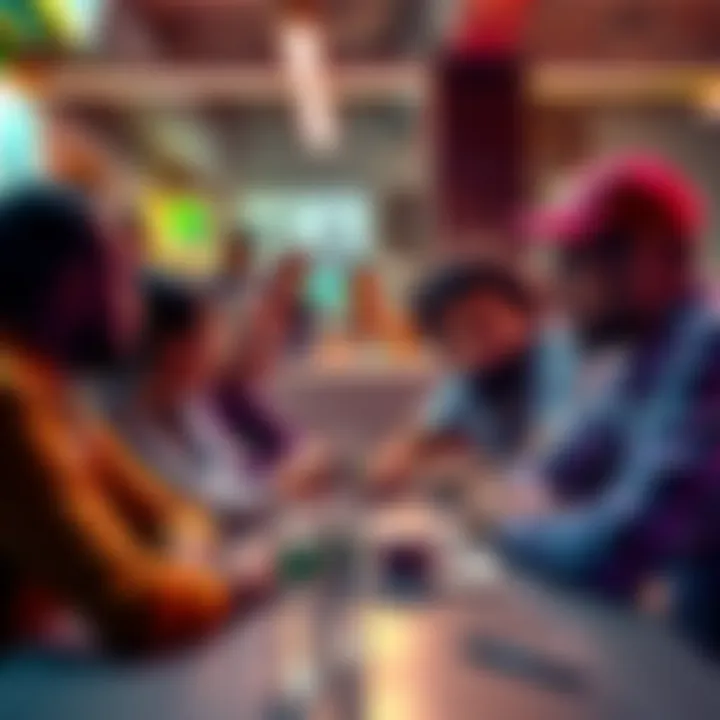 A diverse group of people discussing crypto investments in a casual setting, focusing on specific coins like AVAX, ARB, and ADA.