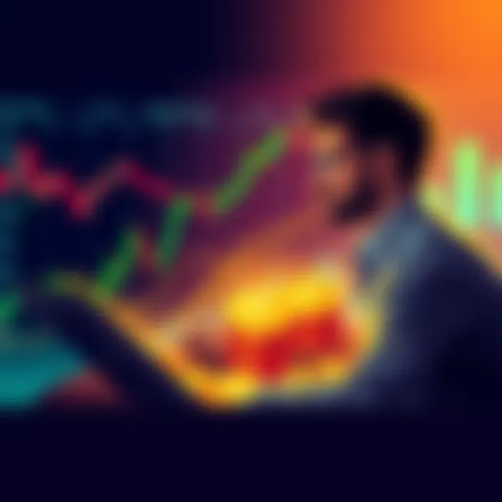 Illustration of a person analyzing cryptocurrency charts with Solana coins and financial graphs around them