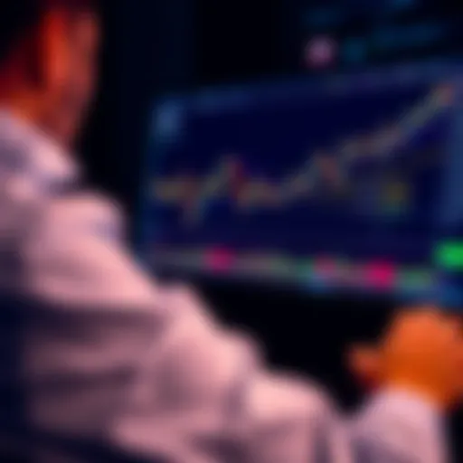 A person analyzing cryptocurrency charts with profit indicators on a computer screen