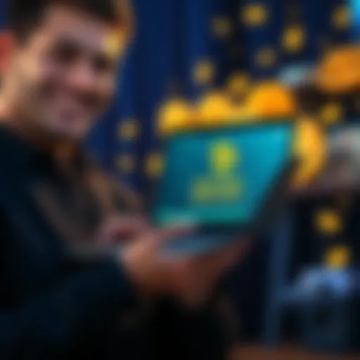 A person smiling and holding a laptop displaying a successful crypto recovery case, with money symbols in the background.