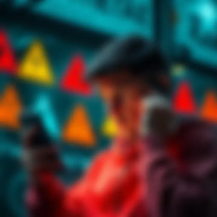 A person on a phone looking worried about losing money in a cryptocurrency scam, with warning symbols in the background.