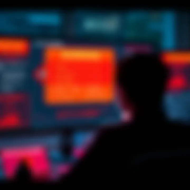A person looking at a computer screen showing warning signs related to cryptocurrency scams, such as red flags and urgent messages.