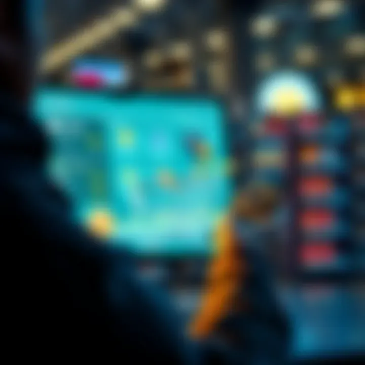 A person making an online purchase with cryptocurrency while a digital wallet and shopping cart are displayed on the screen