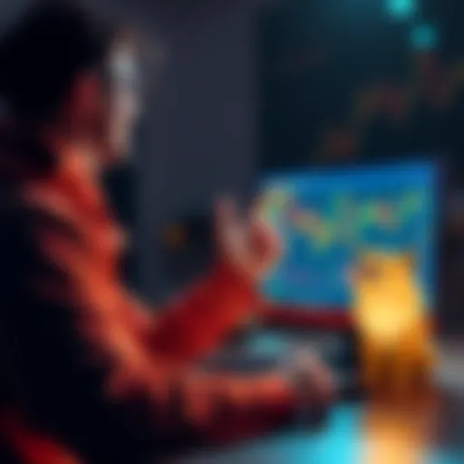 A person excitedly exchanges Ethereum (ETH) for Dogecoin (DOGE) while looking at a computer screen showing rising cryptocurrency charts.