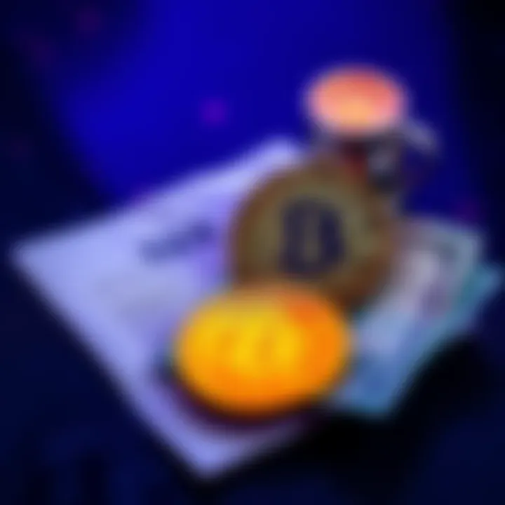 Visual representation of cryptocurrency with a tax document and cash, symbolizing capital gains tax concerns in the US under Trump's administration.
