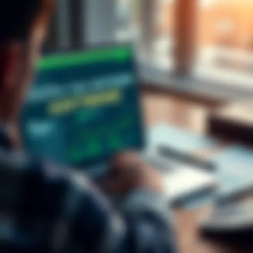 A person using a laptop with crypto tax software on the screen, surrounded by tax documents and calculators