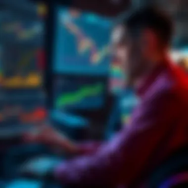 A trader looking at charts and screens showing cryptocurrency trends and staking options