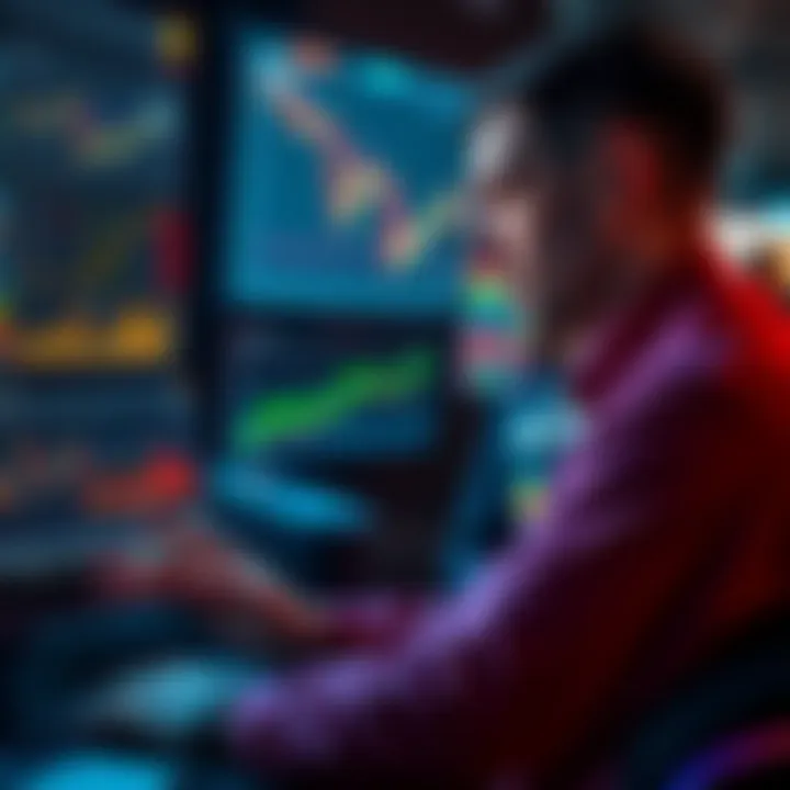 A trader looking at charts and screens showing cryptocurrency trends and staking options