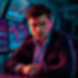 A worried investor sitting in front of multiple computer screens displaying fluctuating cryptocurrency charts, showing signs of panic selling.