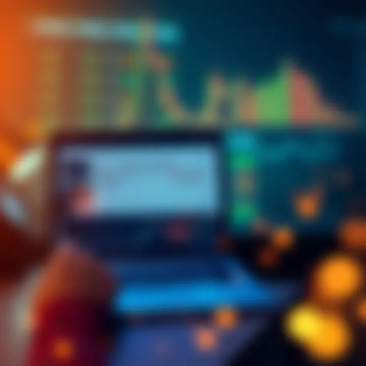 A trader analyzing charts and graphs on a laptop, celebrating a financial milestone in cryptocurrency trading.