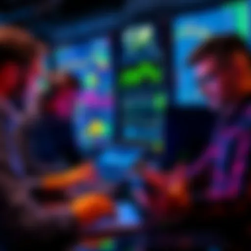 A group of seasoned cryptocurrency traders analyzing charts and graphs on laptops, discussing strategies for short- to mid-term trading.