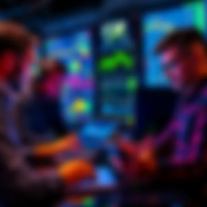 A group of seasoned cryptocurrency traders analyzing charts and graphs on laptops, discussing strategies for short- to mid-term trading.