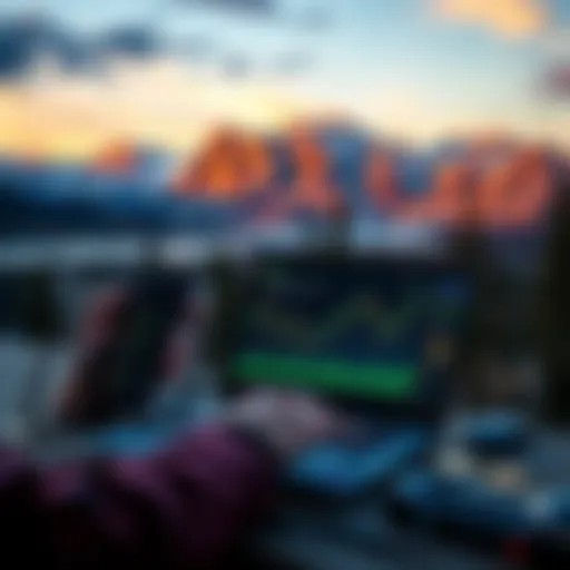 A person analyzing crypto charts on a laptop with Alberta landscape in the background