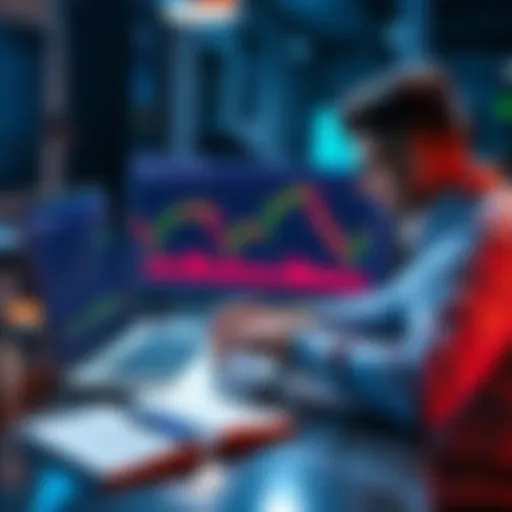 A beginner looking at crypto trading charts on a laptop with a notebook and pen nearby