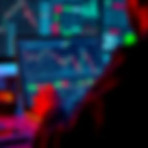 A person analyzing cryptocurrency charts on a laptop with various trading indicators displayed, surrounded by graphs and market data symbols.