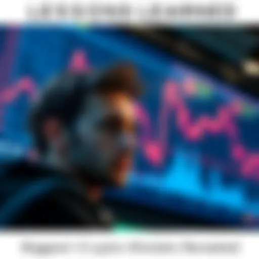 An individual with a concerned expression staring at a large screen displaying a downward-trending cryptocurrency graph, symbolizing trading losses.
