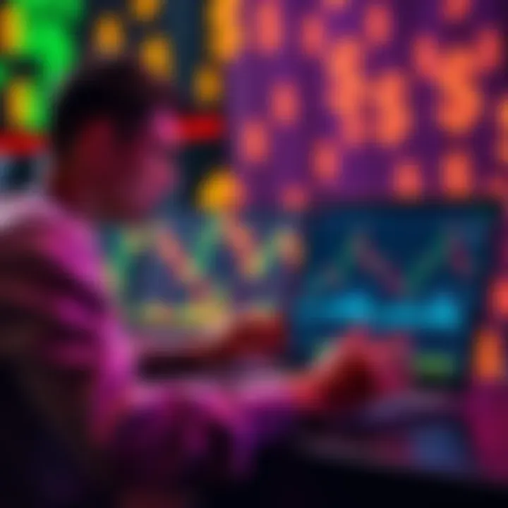 A person analyzing cryptocurrency charts and graphs on a laptop with dollar signs in the background