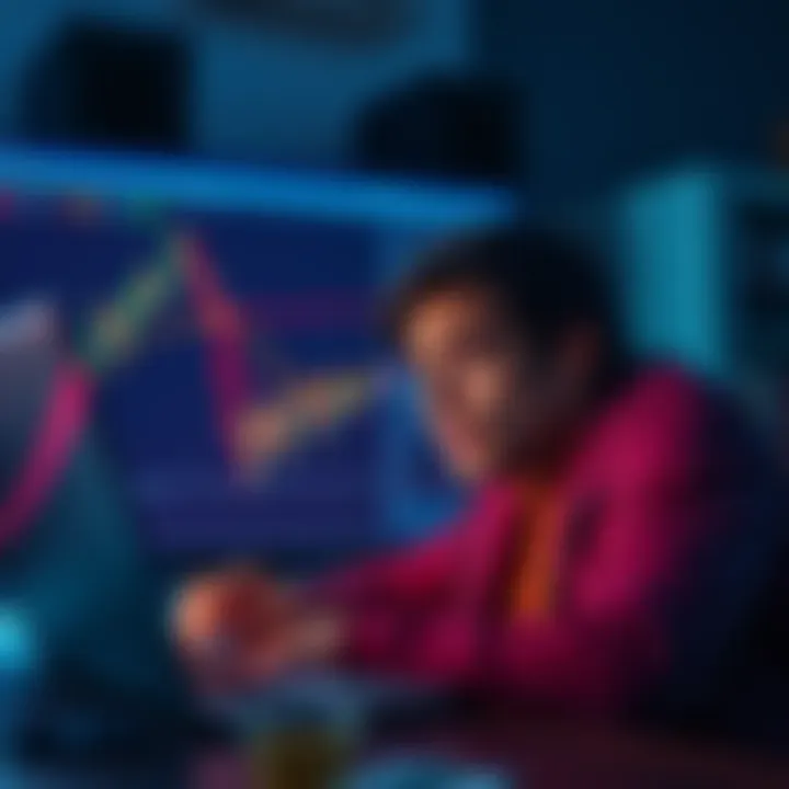 A person looking worried while watching a falling cryptocurrency chart on a laptop, representing the risks of trading without knowledge.