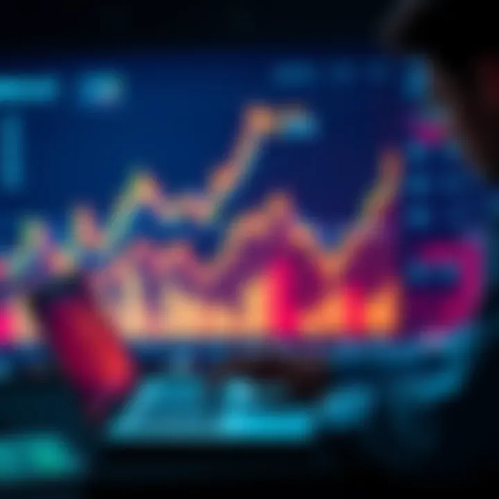 A chart showing rising cryptocurrency prices with a person analyzing data on a laptop, considering when to sell.