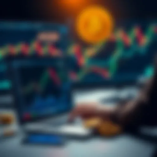 A person analyzing cryptocurrency charts on a laptop with financial graphs and coins in the background.