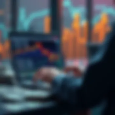 A person checking cryptocurrency prices on a laptop with a chart showing growth and dollar bills nearby.