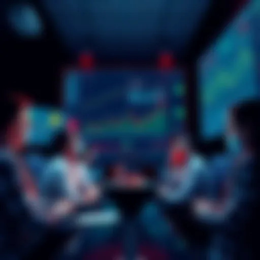 A group of people discussing cryptocurrency trends and safety tips in a modern setting, surrounded by digital charts and screens showing market data.