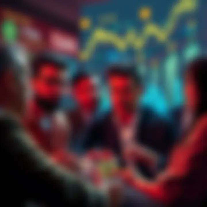 A group of people discussing cryptocurrency with serious expressions, highlighting the importance of traceability in digital transactions, amidst a backdrop of financial graphs and blockchain icons.