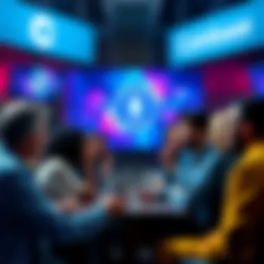 Discussion on Crypto Trends A group of diverse people engaged in a lively discussion about cryptocurrencies, with digital displays showing Ethereum's logo and Coinbase's 'Stand with Crypto' initiative in the background.