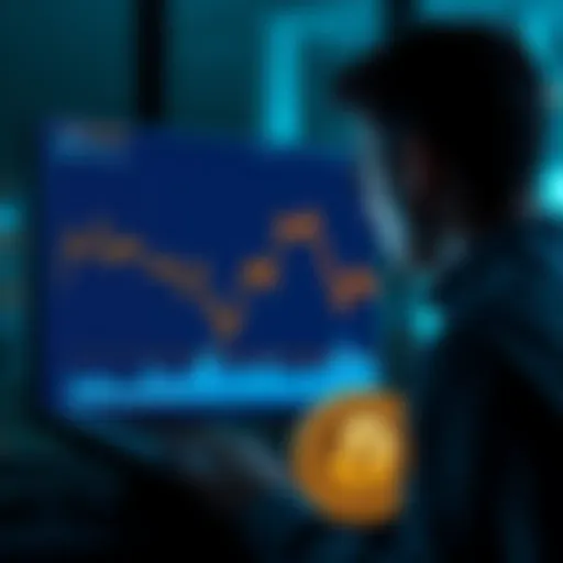 A chart showing a downward trend in cryptocurrency values compared to previous all-time highs in euros, with a worried person looking at the screen.