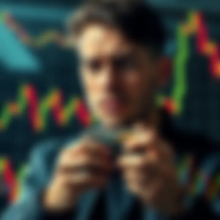 A person looking concerned while holding a hardware wallet with a downward market graph in the background.