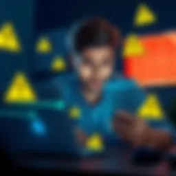 A person looking worried while checking their crypto wallet on a laptop, with warning symbols around.