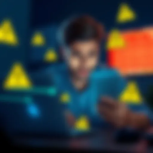 A person looking worried while checking their crypto wallet on a laptop, with warning symbols around.