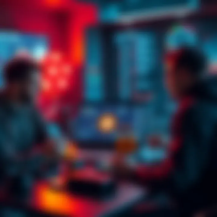 A crypto team discussing wallet security measures, featuring a laptop with blockchain graphics and notes on multisig setups, surrounded by digital devices.