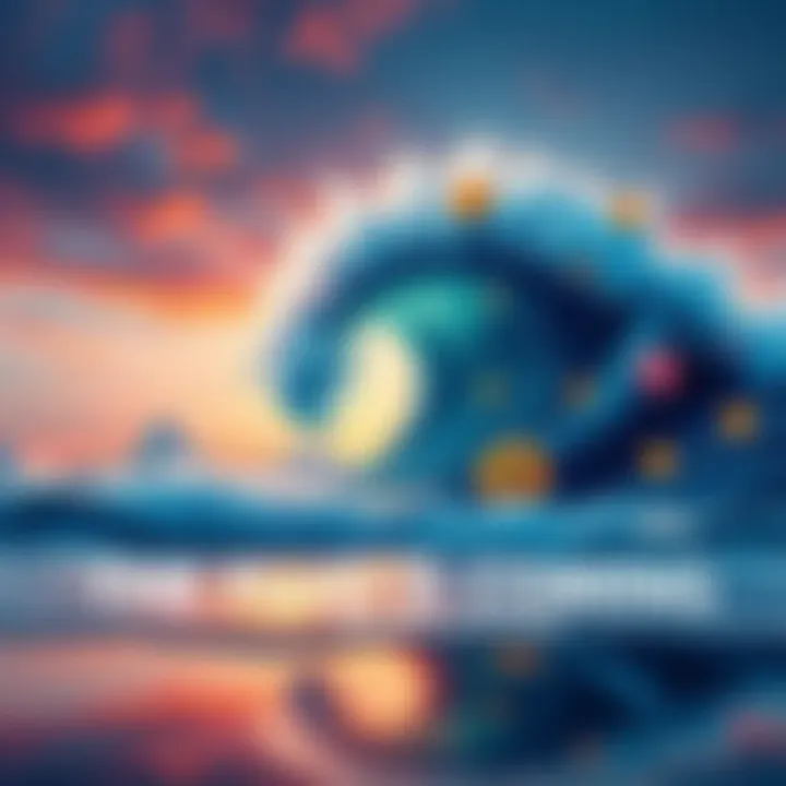 A vibrant graphic showing a wave made of digital coins crashing over a beach, symbolizing the rise of a new crypto community.