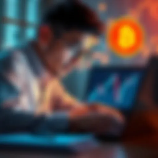 A person examining a digital currency chart on a laptop, surrounded by symbols of Bitcoin and Ethereum, pondering real-world applications beyond profit.