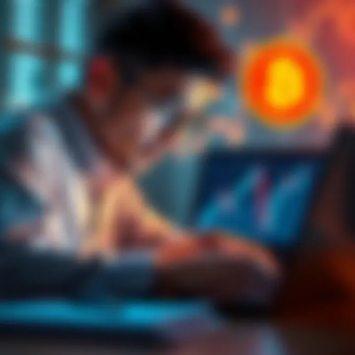 A person examining a digital currency chart on a laptop, surrounded by symbols of Bitcoin and Ethereum, pondering real-world applications beyond profit.