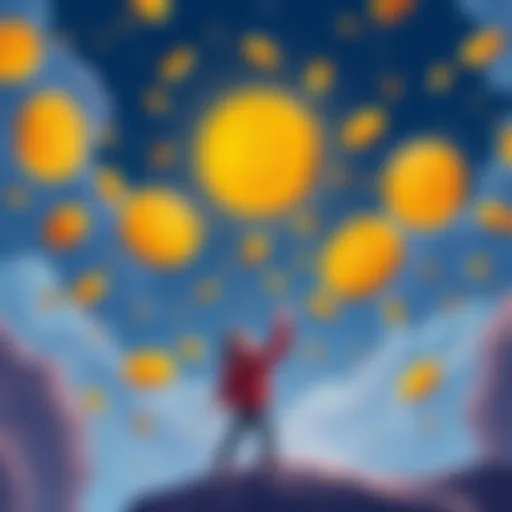 A digital illustration showing coins falling from the sky symbolizing cryptocurrency airdrops, with a person happily gathering them.