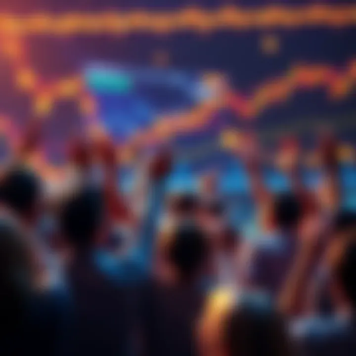 People celebrating the new all-time high in cryptocurrency, with charts and coins in the background