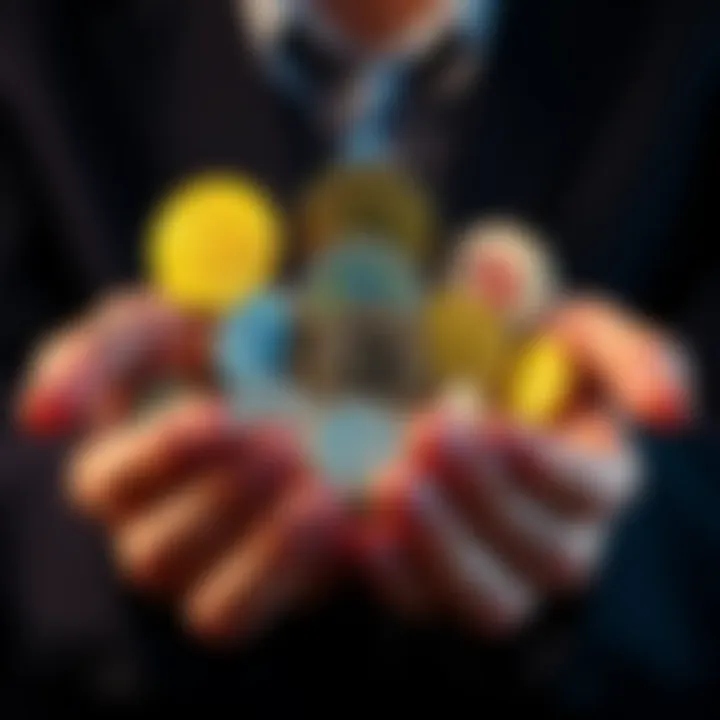 A person holding various cryptocurrency coins in their hands, symbolizing the practice of HODLing.