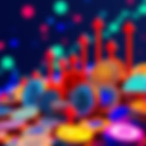 An assortment of vibrant cryptocurrency coins with upward arrows indicating growth and potential increase in value before 2026.