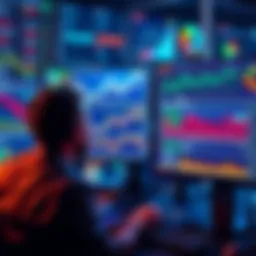 A developer looking at a computer screen with graphs and charts showing cryptocurrency data