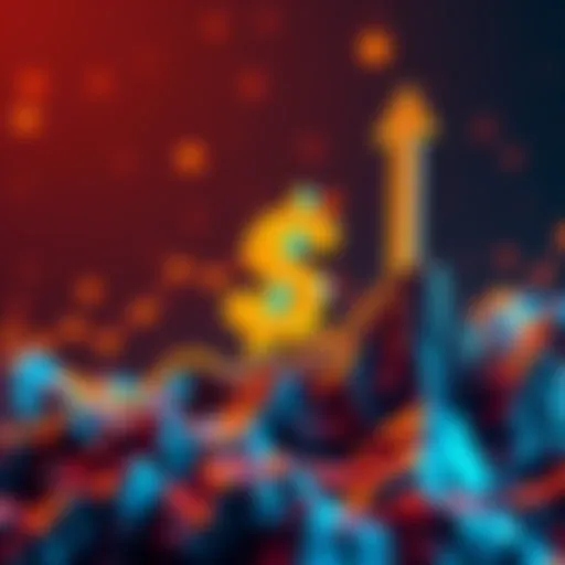 A digital representation of rising cryptocurrency values with a dollar symbol and upward arrows, symbolizing potential growth in $HEX valuation.