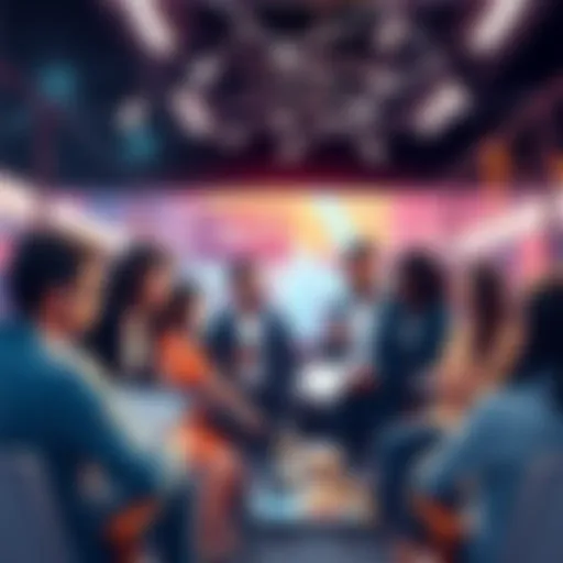 A group of diverse people discussing cryptocurrency advancements and technology in a modern setting.